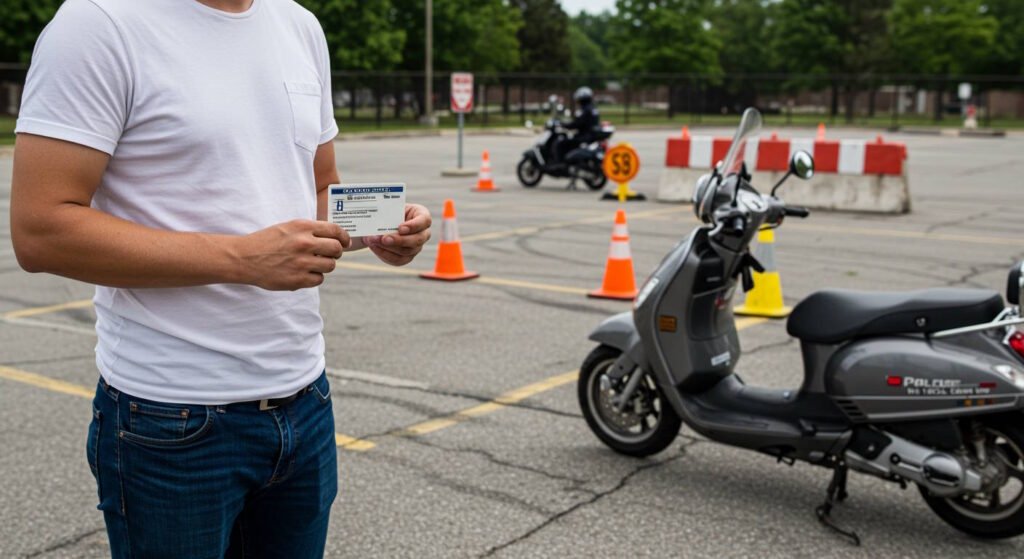 Person holding a motorcycle license during a scooter driving test at a training course with safety cones.