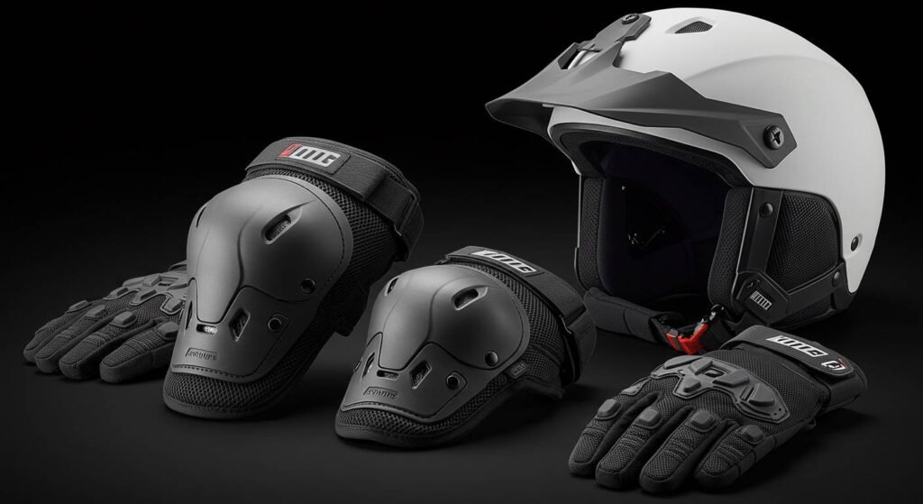 Protective motorcycle gear including a white helmet, black knee pads, and gloves on a dark background.