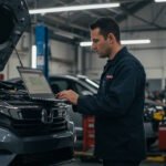 A professional mechanic in a dark uniform working on a Honda vehicle with an open hood in a well-lit auto repair shop. He is using a laptop placed on the car's engine bay, diagnosing or analyzing vehicle data. The background features car lifts, tools, and workshop equipment.