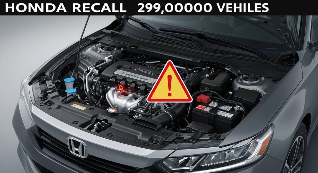 Honda car with its hood open showing the engine, a red warning symbol overlay, and the text 'Honda Recall 295,000 Vehicles' at the top under professional lighting.