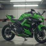 A sleek green Kawasaki Ninja 400 sport motorcycle parked in an underground garage with dim lighting. The bike features an aerodynamic design, sharp headlights, and a modern black and green color scheme, emphasizing its speed and performance.