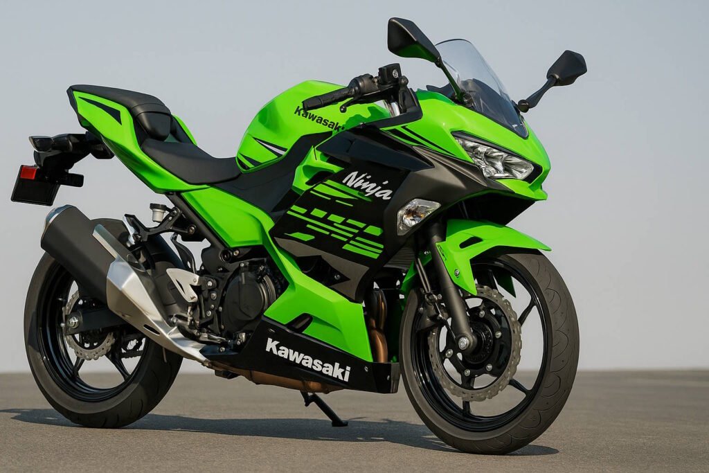 A high-resolution side view of a Kawasaki Ninja 400 motorcycle in Kawasaki Green with black graphics, parked on a textured pavement under a clear sky.