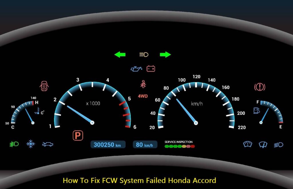 Digital car dashboard showing speedometer, tachometer, fuel and temperature gauges, along with various warning and indicator lights including check engine, battery, 4WD, and service inspection alert.