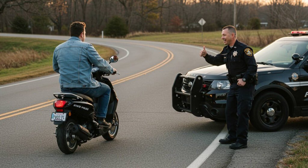 A police officer giving a thumbs-up to a man riding a black scooter on a rural road. The police vehicle is parked nearby.