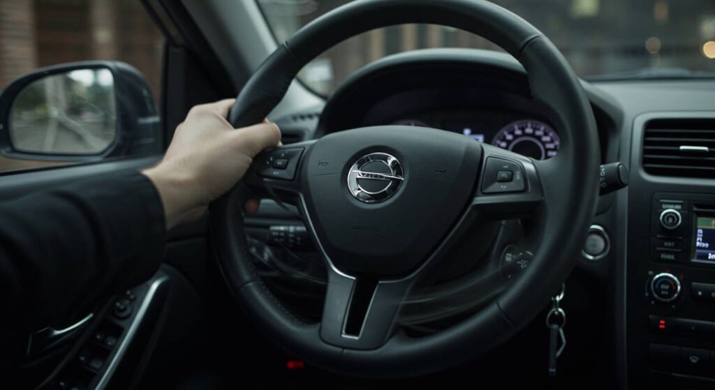 Close-up of a driver's hand gripping the steering wheel of a modern car. The dashboard, instrument cluster, and infotainment system are visible in the background, displaying driving-related information. The side mirror reflects the outside environment.