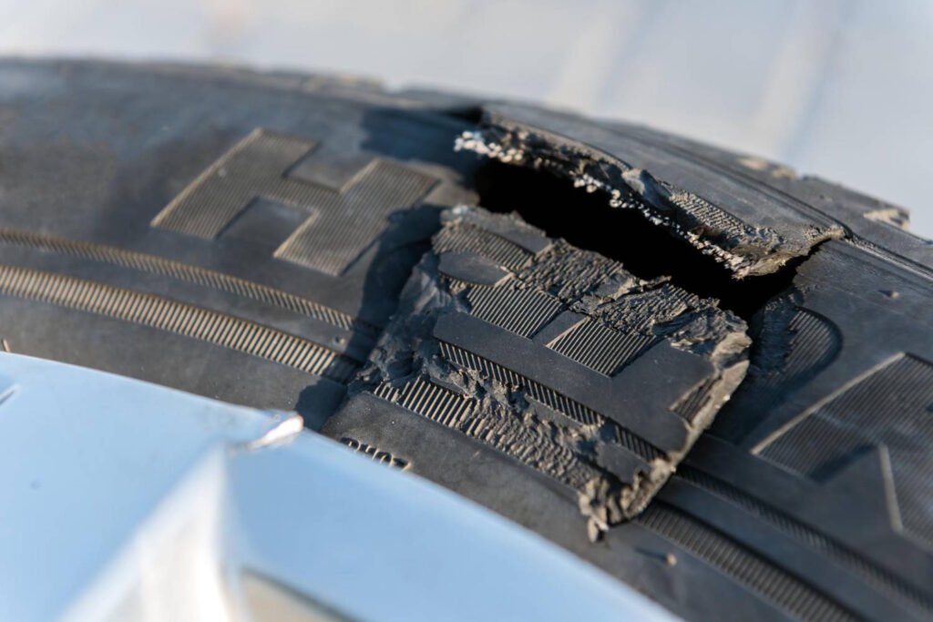 Close-up of a damaged tire sidewall showing severe wear and a tear, which can cause steering wheel vibration at high speeds.