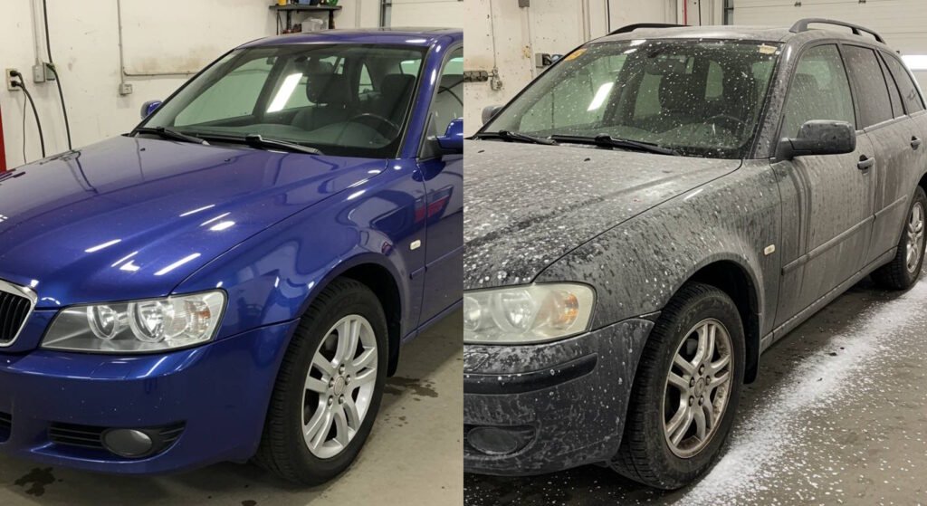 Side-by-side image showing the same BMW sedan before and after a wash; the left side displays a clean, shiny blue car in pristine condition, while the right side shows the same car covered in dirt and salt residue, taken inside a garage setting.