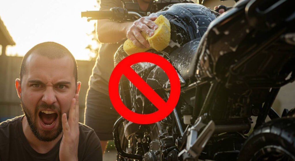 A frustrated man reacts angrily in the foreground while someone washes a motorcycle with a sponge in the background. A bold red "no" symbol overlays the image, emphasizing a mistake or improper washing technique during motorcycle cleaning.