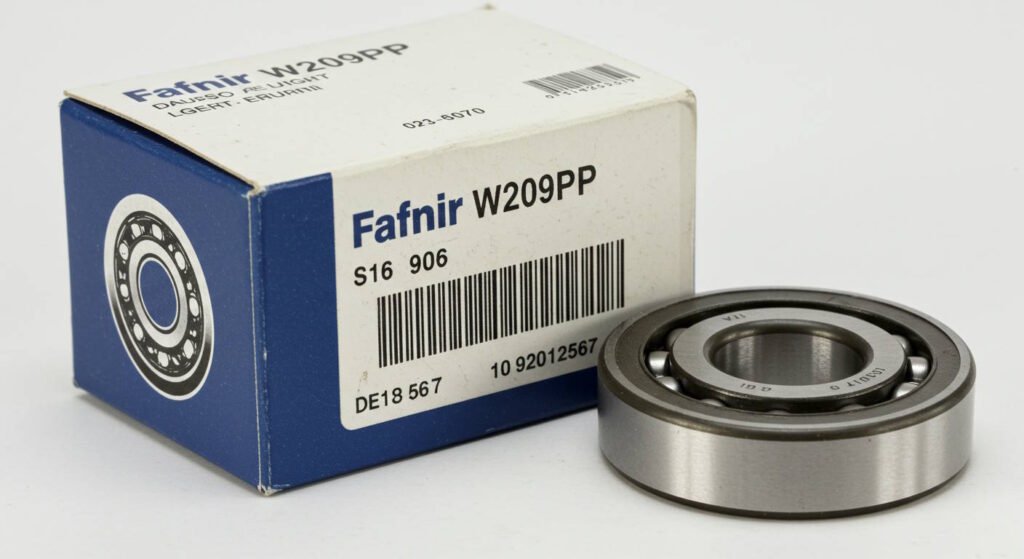 Close-up of a Fafnir W209PP ball bearing placed next to its branded blue and white box, displaying product identification details, barcode, and model number.