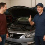 A smiling mechanic in a navy uniform gives a thumbs up to a car owner standing next to a silver Nissan Altima with its hood open inside a workshop.