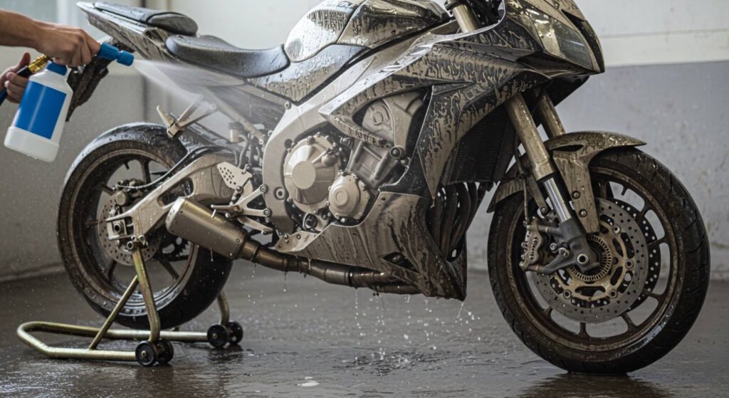A sport motorcycle is being pre-rinsed with a spray bottle to remove loose dirt and grime. The bike is on a rear paddock stand in a wash bay, and water droplets are visibly running off the muddy surface, preparing it for a full clean.