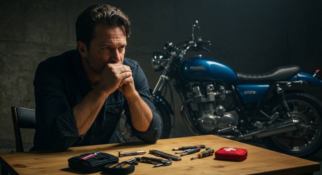 A man thoughtfully sitting at a table with motorcycle tools laid out, a classic blue motorcycle in the background.