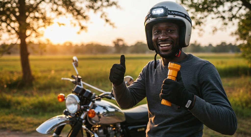 Smiling motorcyclist wearing a helmet with a headlamp, holding a flashlight and giving a thumbs up beside a parked motorcycle in a rural field during golden hour.
