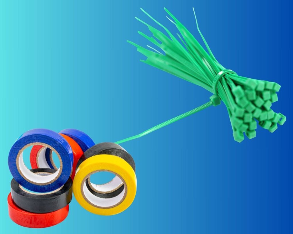 Assorted rolls of electrical tape in vibrant colors including red, yellow, blue, black, and orange, paired with a bundle of green zip ties, set against a blue gradient background.