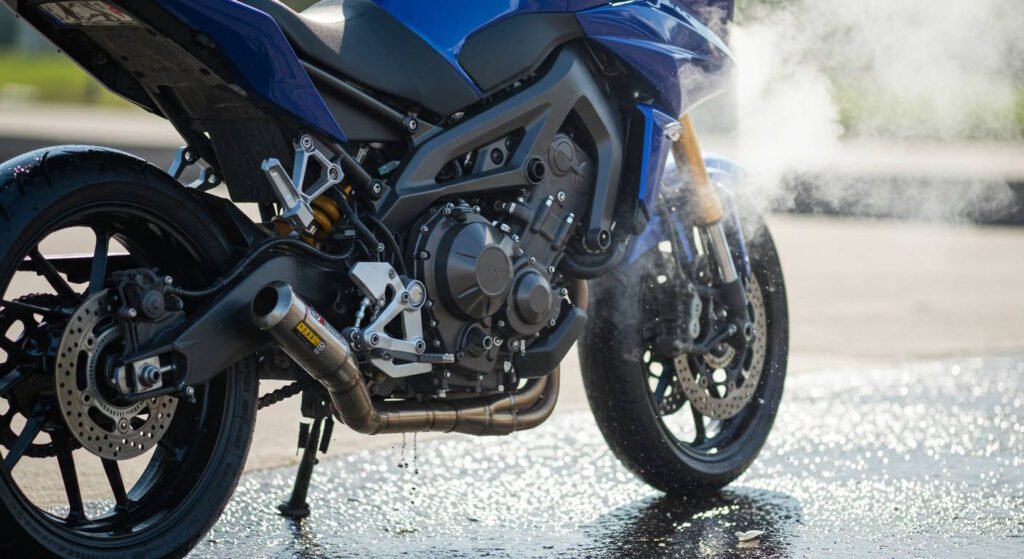 Close-up of a sport motorcycle with steam visibly rising as water evaporates from the hot engine and exhaust after a wash. The bike is parked on wet pavement, and sunlight highlights the glistening metal and evaporating moisture.