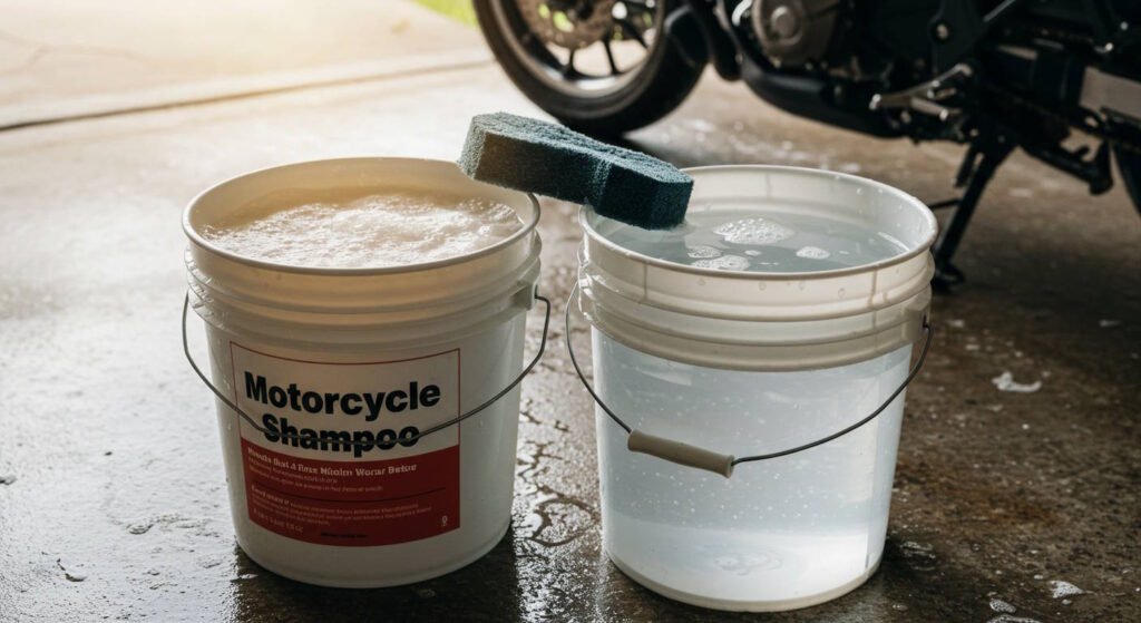 Two buckets used for motorcycle washing sit on a wet concrete floor—one filled with motorcycle shampoo and foam, the other with clean rinse water. A sponge rests on the edge, and a motorcycle is partially visible in the background, suggesting a proper two-bucket wash method.