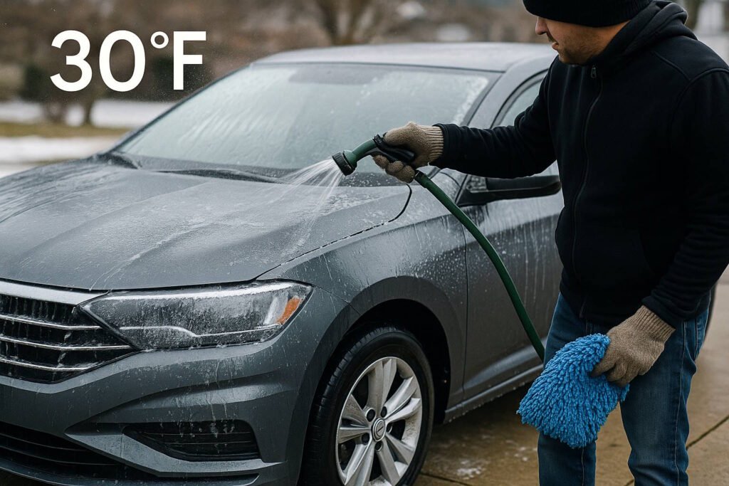 A person in a black hoodie and gloves washes a dark gray sedan on a cold winter morning using a hose and blue microfiber mitt. The car is partially frozen with visible ice buildup, and a 30°F temperature is shown on the image, indicating freezing conditions.