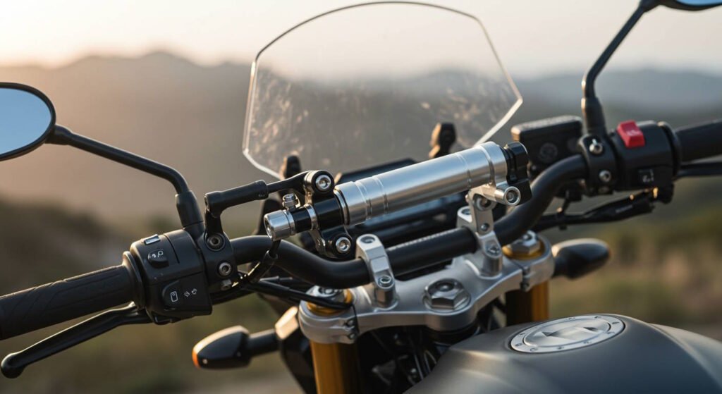 A close-up of motorcycle handlebars viewed from the rider's perspective. The image shows the cockpit of what appears to be an adventure or sport touring motorcycle with a small windscreen visible in the center. The handlebars feature silver/aluminum steering risers and black grips with control switches on both sides. A side mirror is visible on the left side. The motorcycle has a metallic silver triple clamp and what looks like gold/bronze fork tubes. In the background, a blurred mountain landscape is visible during what appears to be sunset or sunrise, suggesting the motorcycle is positioned at a scenic overlook. Part of the fuel tank can be seen at the bottom of the frame.