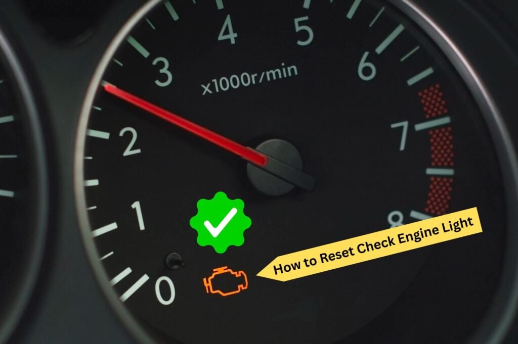 Car dashboard showing a tachometer with red needle pointing at 2-3 x1000r/min, an orange check engine light symbol illuminated at the bottom, a green checkmark icon in the center, and a yellow arrow pointing to the dashboard with text saying 'How to Reset Check Engine Light'.