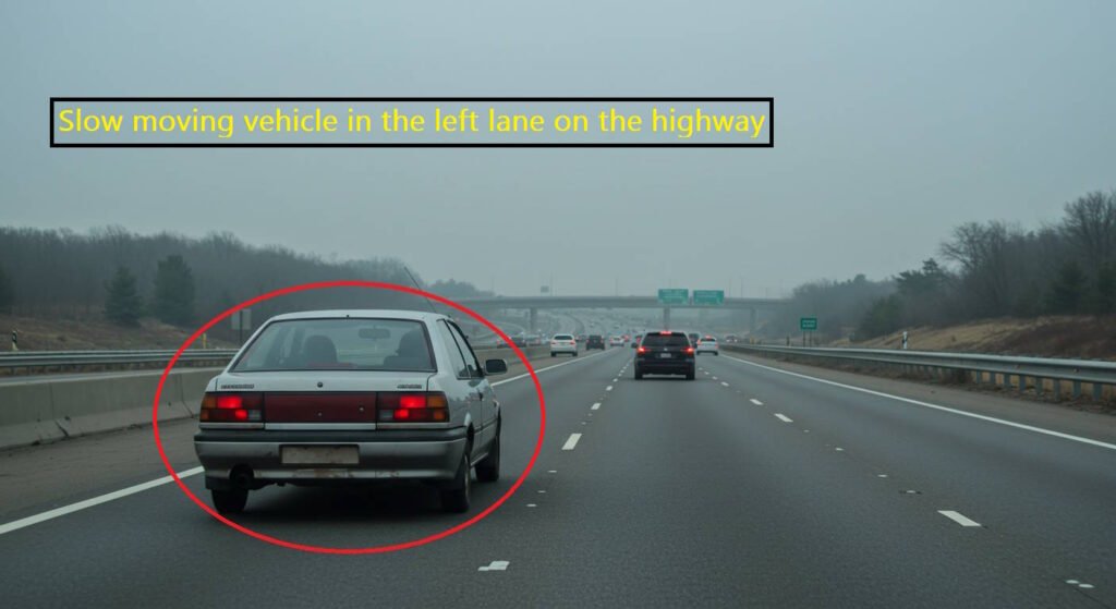 A silver sedan circled in red driving slowly in the passing lane of a multi-lane highway while other vehicles travel in the right lanes. The image shows an overcast day with a bridge visible in the distance.