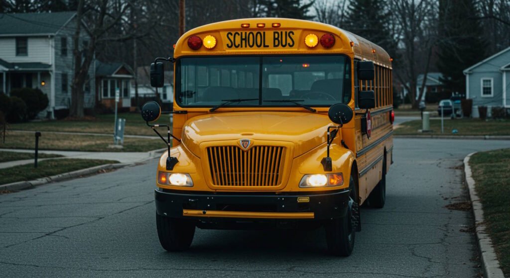 A bright yellow school bus with its headlights on driving through a quiet residential neighborhood at dusk. Houses can be seen on both sides of the street, and the bus's distinctive front with 'SCHOOL BUS' signage is prominently displayed.