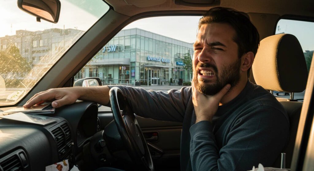 Man grimacing in pain while driving, holding his jaw, with dental clinic building visible through car window.